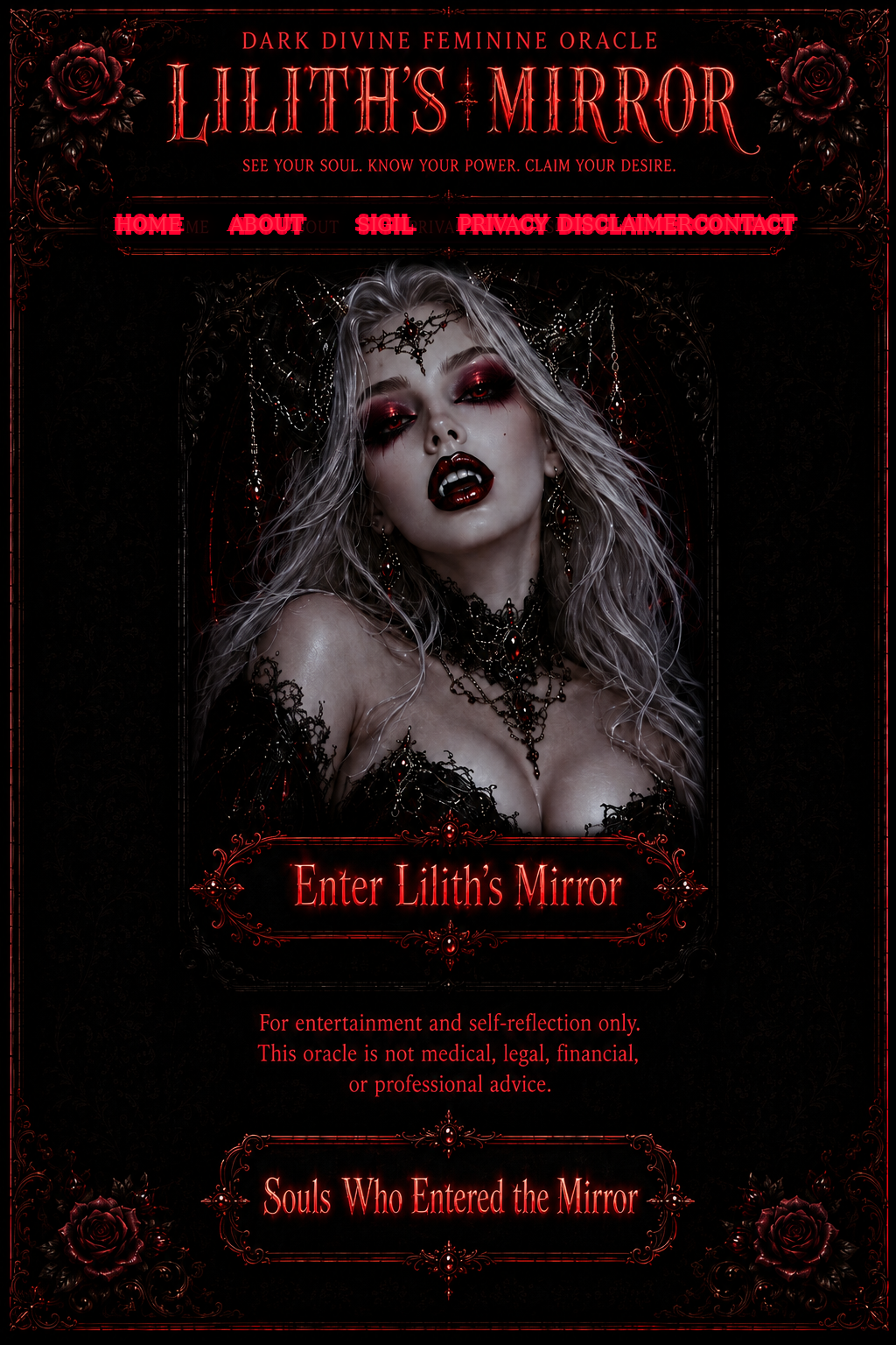Lilith’s Mirror dark divine feminine oracle homepage layout
